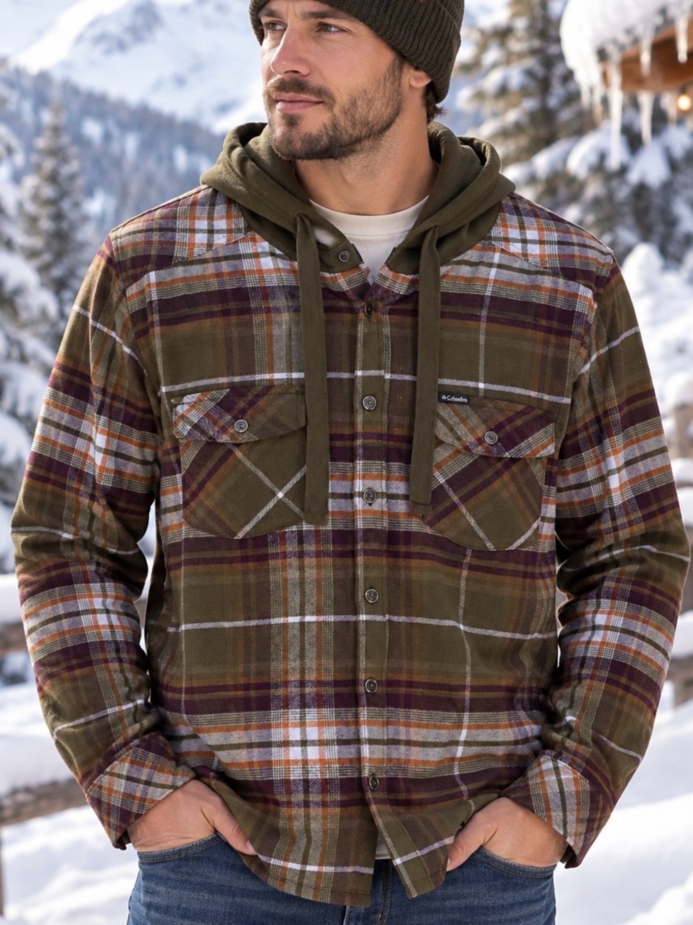 Columbia Sportswear Men’s M Olive Plaid Hooded Flannel Button Up Shirt